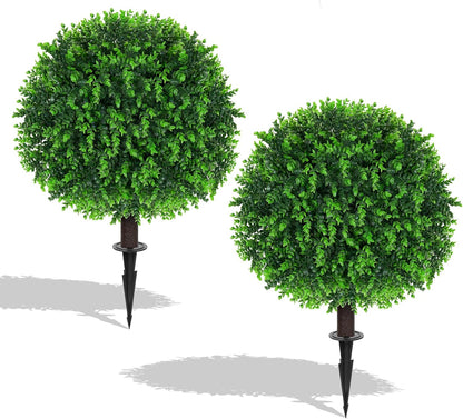 2 Pack Artificial Boxwood Topiary Ball Trees, 16" UV Resistant Fake Evergreen Shrubs Bushes Plants with Ground Spike, Fake Plants for Outdoor Indoor Front Porch Garden