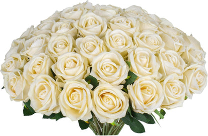 50 PCS Fake Pink Roses, Artificial Flowers Bulk Realistic Silk Faux Rose with Stems for Wedding Decoration Bridal Bouquet Birthday Celebrations DIY Floral Arrangement Home Decor
