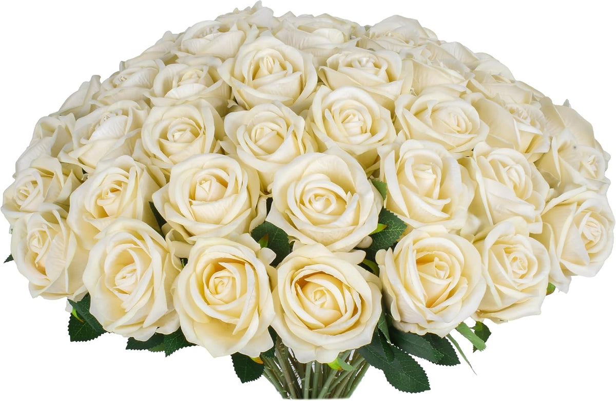 50 PCS Fake Pink Roses, Artificial Flowers Bulk Realistic Silk Faux Rose with Stems for Wedding Decoration Bridal Bouquet Birthday Celebrations DIY Floral Arrangement Home Decor