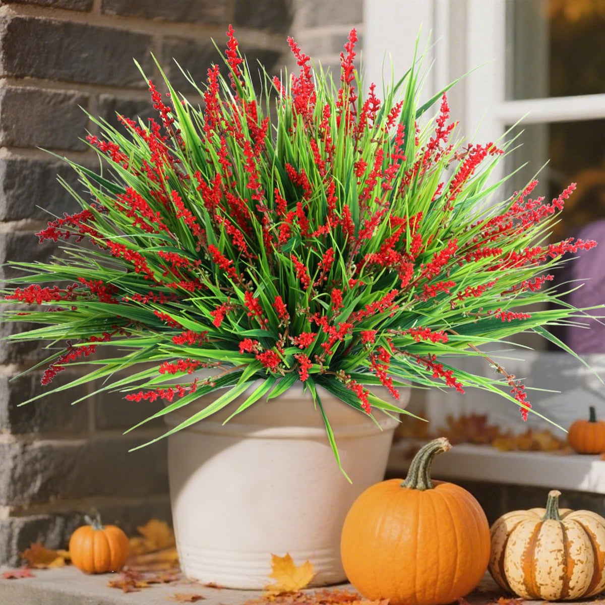 Artificial Fake Outdoor Plants Flowers for Spring Decoration, UV Resistant Realistic White Plastic Flowers Faux Plant Monkey Grass for Planter Home Garden Porch Patio Window Box