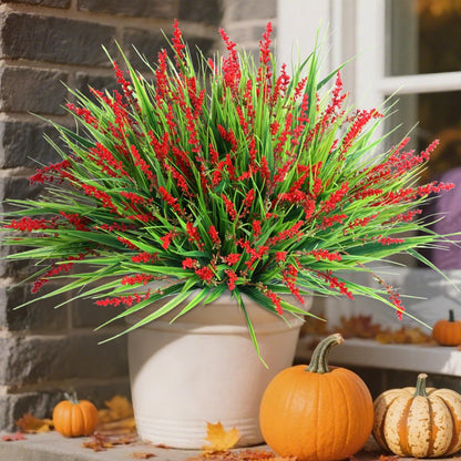 Artificial Fake Outdoor Plants Flowers for Spring Decoration, UV Resistant Realistic White Plastic Flowers Faux Plant Monkey Grass for Planter Home Garden Porch Patio Window Box
