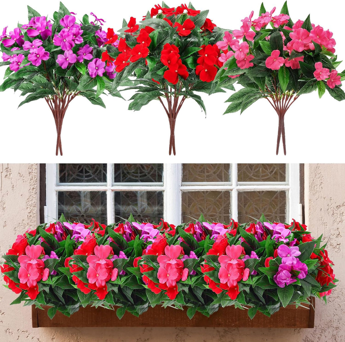 10 Bundles Artificial Impatiens Bouquet Flowers for Outdoors Silk Faux Flowers Indoor Fake Plastic Plants Patio Lawn Garden Wedding Fall Thanksgiving Decor (Multi Color)