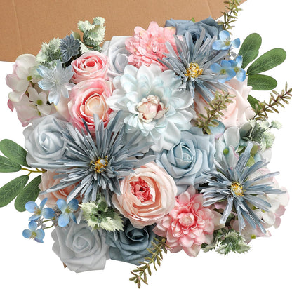 Dusty Rose Artificial Flowers Set - Fake Roses, Peonies, Silk Flowers with Stems for DIY Wedding Bouquets, Floral Arrangement, Table Centerpieces, Baby Shower, Home Decor