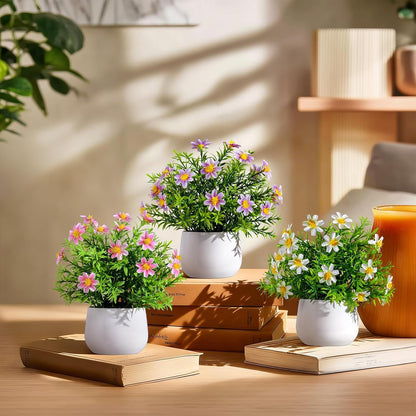 3 Pack Small Fake Plants Artificial Potted Flowers for Indoor Mini Faux Plants with Flowers Greenery for Home Decor Living Room Bathroom Bedroom Office Table Shelf (White+Yellow+Purple)