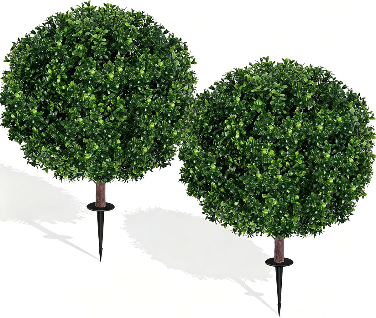 Set of 2 Artificial Boxwood Topiary Ball Trees, 27.5" UV Resistant Faux Evergreen with Ground Spikes