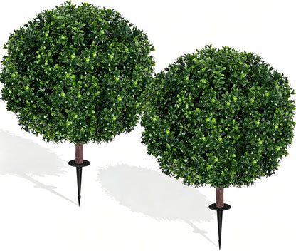 Set of 2 Artificial Boxwood Topiary Ball Trees, 27.5" UV Resistant Faux Evergreen with Ground Spikes