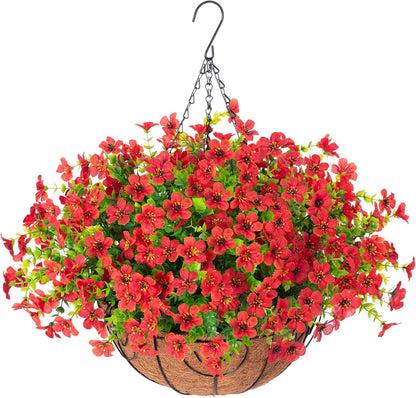 HyeFlora Artificial Fake Hanging Plants Flowers Basket for Outdoor Outside Porch Spring Decoration, Faux Silk Purple Daisy Realistic UV Resistant in Planter for Home Patio Balcony Garden Yard