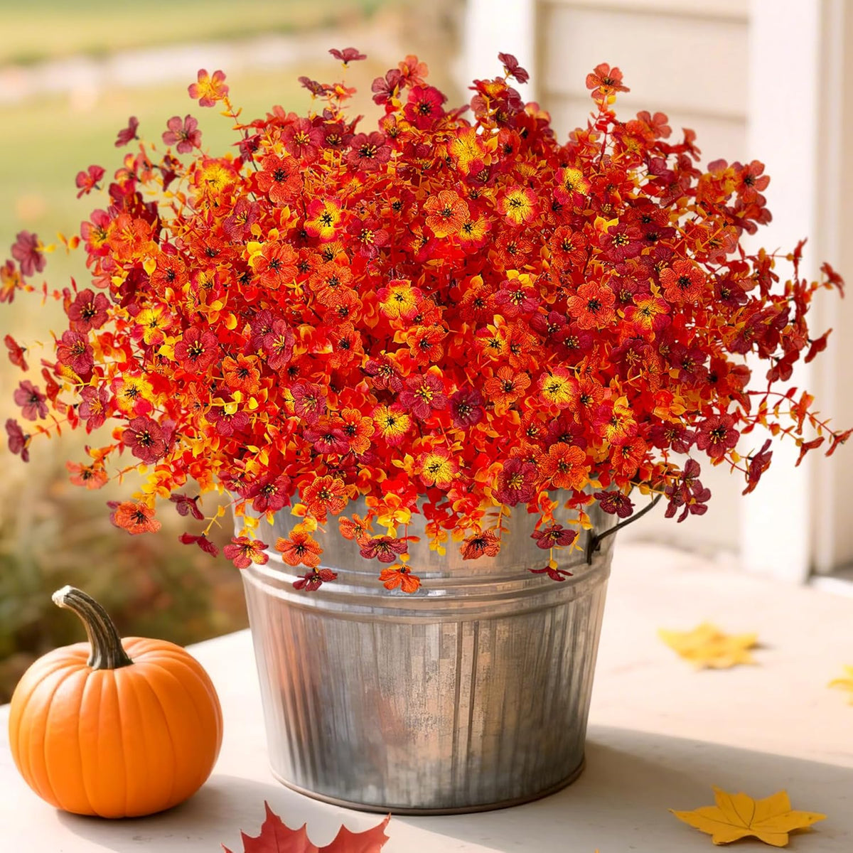 Artificial Fake Mums Flowers for Outdoor Spring Summer Decor, 12 Bundles Faux Silk Plants Daisy for Planter Pot Colorful UV Resistant Look Real for Front Door Porch Patio Outside Yard(Red Pink)