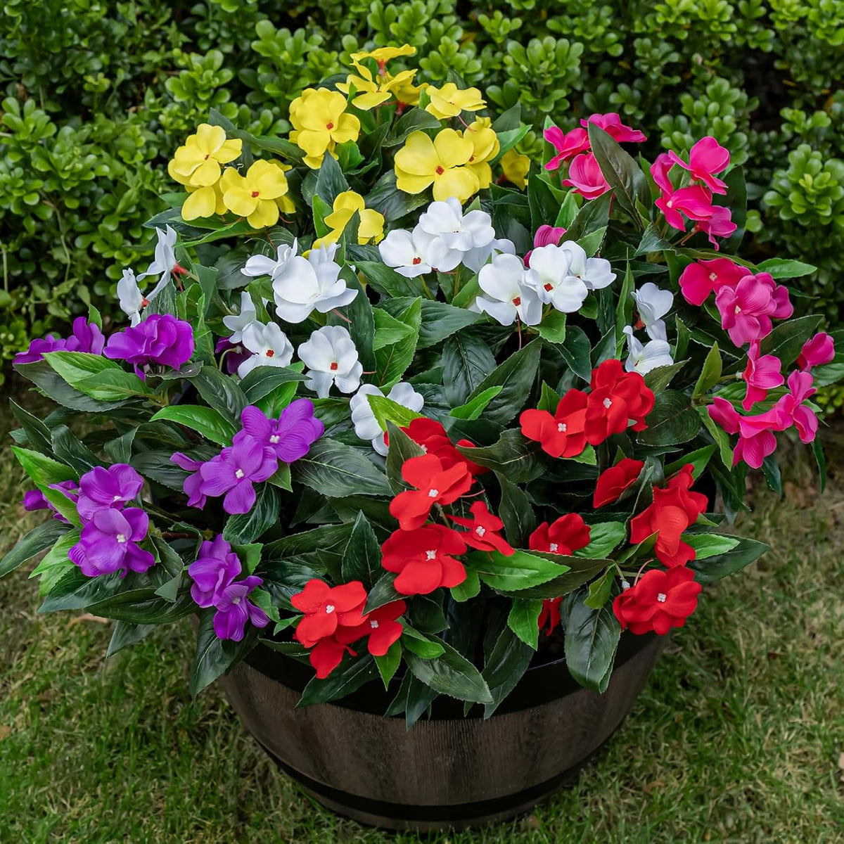 Artificial Fake Flowers for Outdoor Décor 6 Bundles UV Resistant Fake Plants for Planter Faux Impatiens for Home Porch/Garden Stunning（Rose Red）