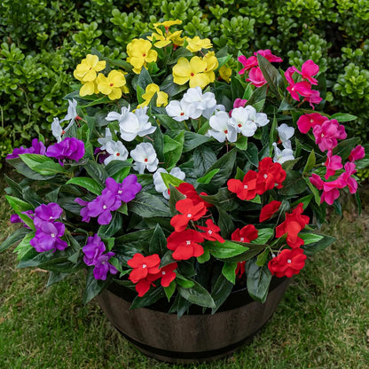 Artificial Fake Flowers for Outdoor Décor 6 Bundles UV Resistant Fake Plants for Planter Faux Impatiens for Home Porch/Garden Stunning（Rose Red）