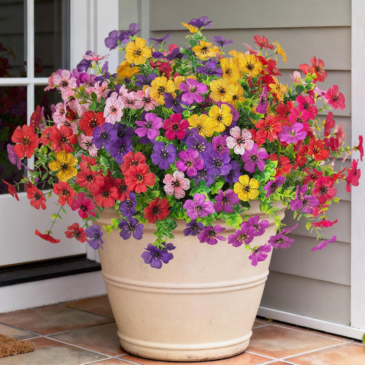 Ammyoo Artificial Fake Plants Flowers for Outdoor Spring Decor, 12 Bundles Faux Silk Mums for Planter Pot Colorful UV Resistant Look Real for Front Door Porch Patio Outside Yard(Purple Pink)