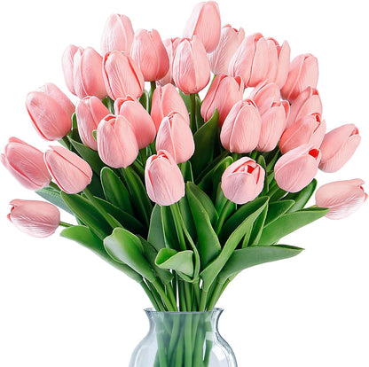 Sggvecsy 30 Pcs Fake Tulips Artificial Flowers Real Touch PU Faux Flowers Tulip Stems for Wedding Spring Bouquet Floral Arrangement Home Office Party Decorations for Mother's Day (Multi Colors)