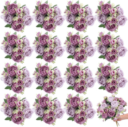 16 Bundles Artificial Peonies Silk Peonies Faux Flower Bouquet Fake Peony Flower Arrangements Table Centerpieces for Vase Wedding Party Boho Home Office Decoration Bulk (Pink, Purple)