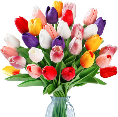 Sggvecsy 30 Pcs Fake Tulips Artificial Flowers Real Touch PU Faux Flowers Tulip Stems for Wedding Spring Bouquet Floral Arrangement Home Office Party Decorations for Mother's Day (Multi Colors)