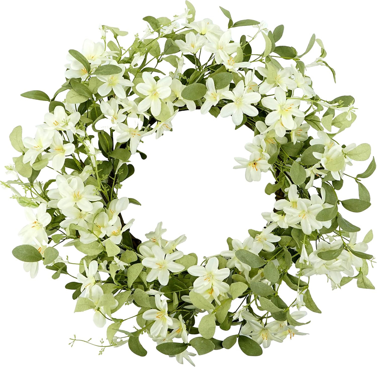 Artificial Spring Summer Wreath with Pansy Flowers, Flocked Lamb Ear Leaves, Eucalyptus Leaves, Fern Branches for Front Door Indoor Outdoor Farmhouse Wall Holiday Decor, White Gift Box Included