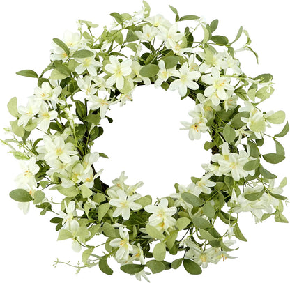 Artificial Spring Summer Wreath with Pansy Flowers, Flocked Lamb Ear Leaves, Eucalyptus Leaves, Fern Branches for Front Door Indoor Outdoor Farmhouse Wall Holiday Decor, White Gift Box Included