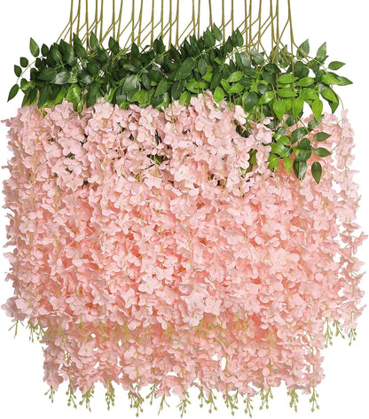 Pauwer Wisteria Hanging Flowers 24 Pack Fake Flower Garland Artificial Wisteria Vines Rattan Silk Flower String Wedding Party Wall Decorations, White
