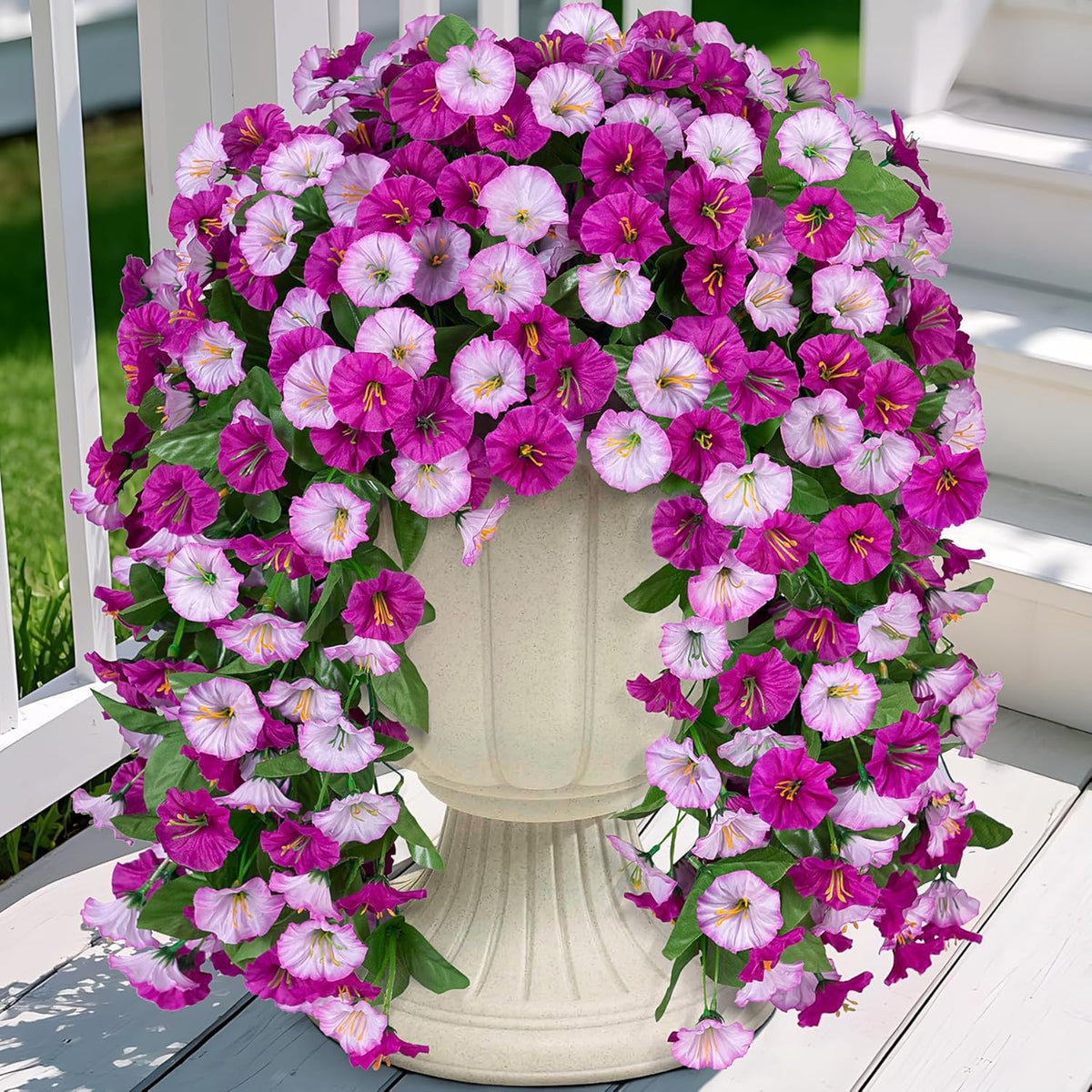 Artificial Fake Hanging Flowers Plants for Outdoor Decoration, 2PCS Faux Silk Morning Glory Long Vines Stems UV Resistant Look Real for Spring Summer Outside Home Porch Patio(Violet Red Purple)