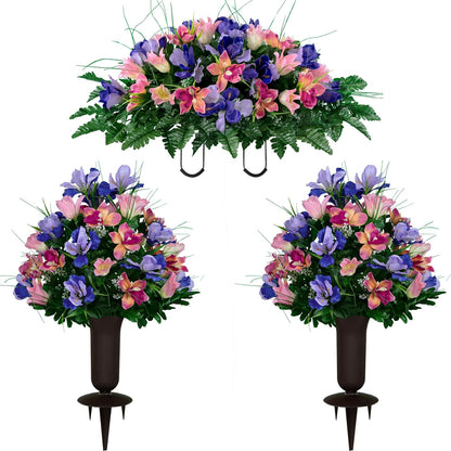 Sympathy Silks Ruby's Silk Flowers Artificial Flowers - Weighted Pot Bouquet Decoration - Height 18"-20" - Red Tulip and White Iris Potted Flowers