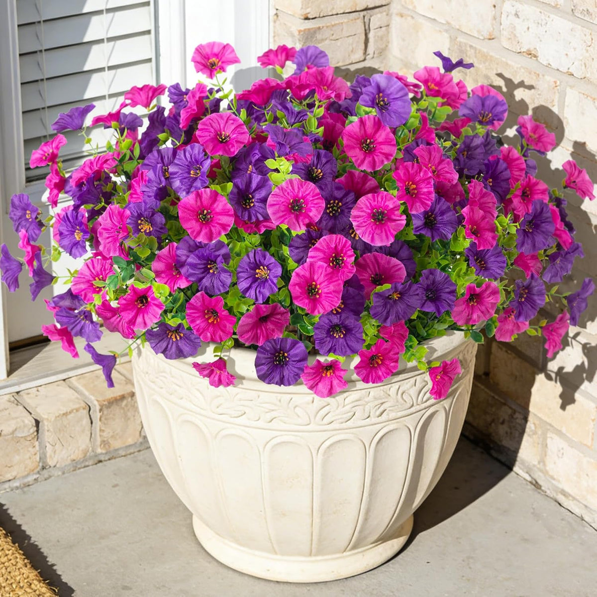 12 Bundles Morning Glory Artificial Flowers for Outdoor Decoration UV Resistant Fake Plastic Plants Artificial Greenery for Indoor Outdoor Garden Patio Window Box Home Decor