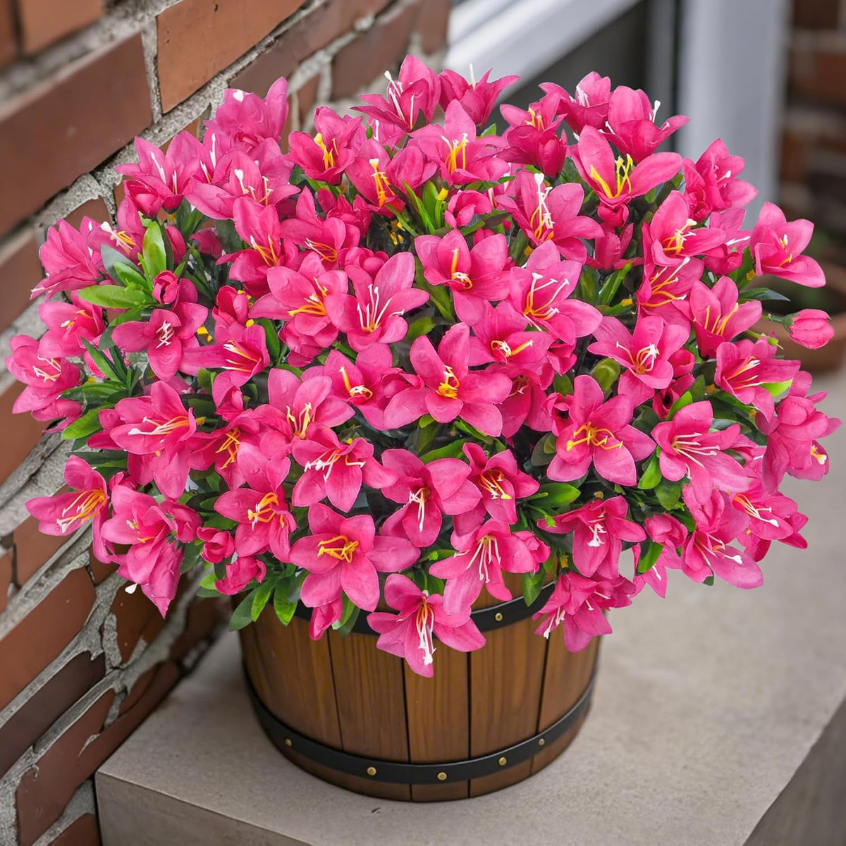 Ouddy Decor 8 Bundles Artificial Flowers for Outdoors, Fake Silk Flowers Azalea Plants UV Resistant for Summer Front Door Planter Garden Patio Window Box Balcony Walkway Home Decor, Fuchsia