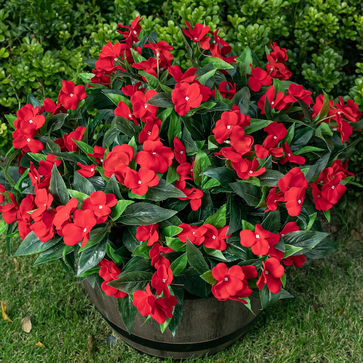 Artificial Fake Flowers for Outdoor Décor 6 Bundles UV Resistant Fake Plants for Planter Faux Impatiens for Home Porch/Garden Stunning（Rose Red）