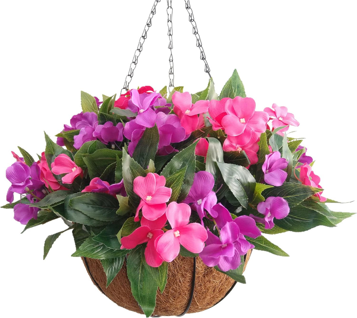 Flo Set of Hanging Basket Artificial Impatiens Flowers Purple and Pink for Balcony Decoration (Big Basket and Artifiical Flowers) Flo