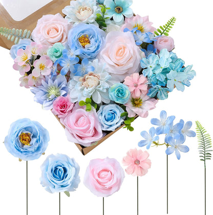 Jspupifip Pink, Hot Pink Artificial Flowers Combo Box Fake Silk Roses with Stems Hydrangea Peony Arrangement for Bridal Shower Boho DIY Wedding Cake White Flowers Table Decorations