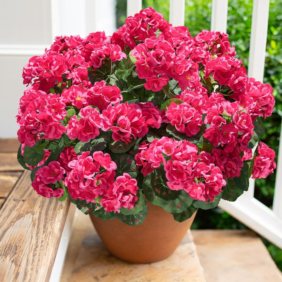 Artificial Geranium Fake Flowers for Outdoors Decoration, 6 Bundles Silk Geraniums Flower UV Resistant Look Real Faux Plants for Outside Planter Front Door Garden Patio Balcony Yard Home, Fuchsia