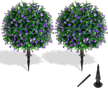 Artificial Lavender Topiary Ball for Outdoors, Set of 2 Boxwood Plant Tree with Spike, Fake Shrubs UV Resistant Faux Plants for Indoor Outdoor Decor