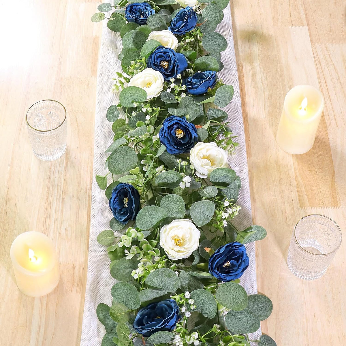 TOCHGREEN 2 Pack 13Ft Artificial Eucalyptus Flower Garland with Pink Roses, Fake Rose Flower Greenery Garland Floral Vines for Wedding Home Party Table Runner Decor (4PCS, Pink)