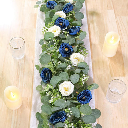TOCHGREEN 2 Pack 13Ft Artificial Eucalyptus Flower Garland with Pink Roses, Fake Rose Flower Greenery Garland Floral Vines for Wedding Home Party Table Runner Decor (4PCS, Pink)