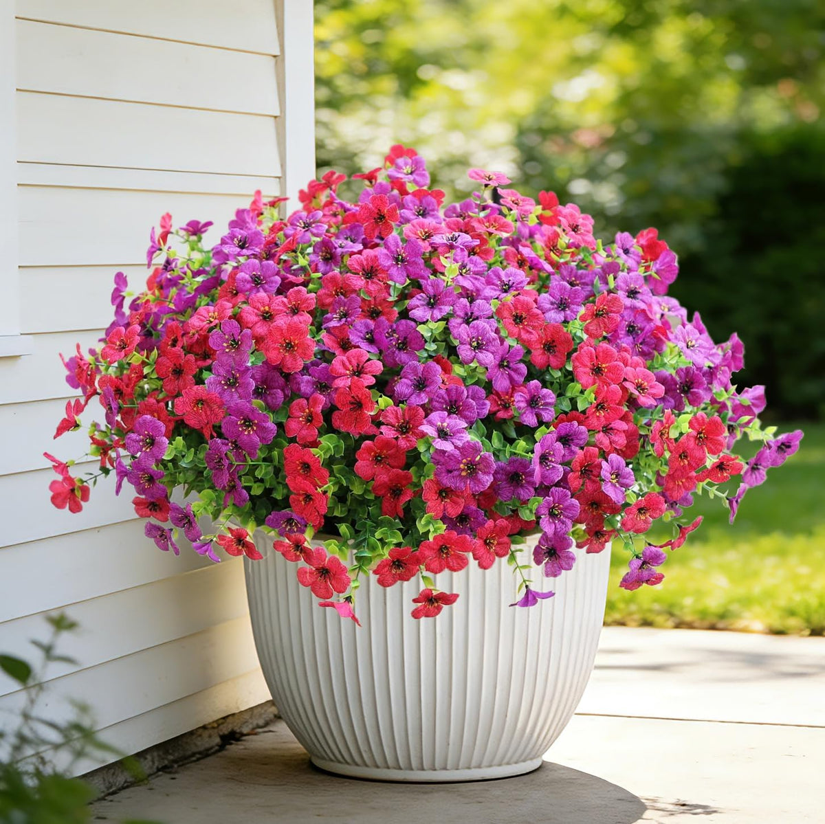 Artificial Flowers for Outdoors, Fake Faux Plants Outside Realistic Spring Summer Decor, UV Resistant Silk Flowers for Home Porch Garden (12, Purple Red Yellow Hot Pink)