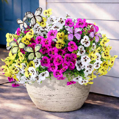 Artificial Flowers for Outdoor, 18 Bundles UV Resistant Faux Silk Pansy Flowers with Butterfly Accents, Realistic Fake Plants for Planters, Window Boxes & Grave Decor, 15 Bundles + 3 Butterflies