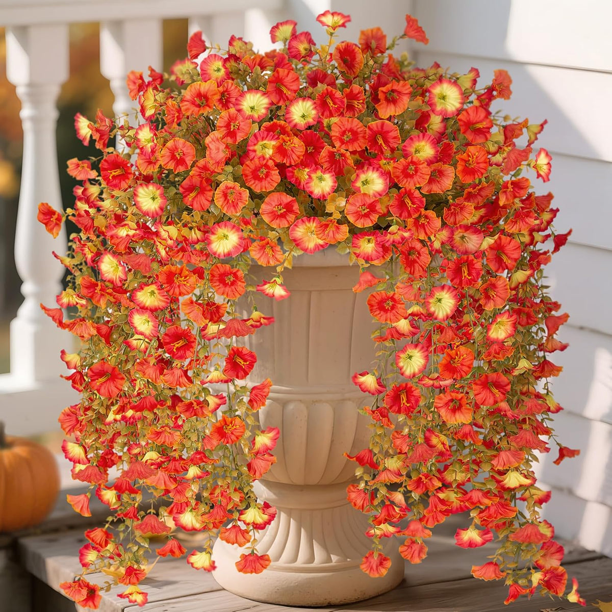 Artificial Hanging Petunia Flowers for Outdoor, 8 Pcs Fake Plants Long Vine Morning Glory Eucalyptus, UV Resistant Realistic Faux Greenery Outdoor Patio, Porch, and Garden Spring Summer Decor, Mix Color