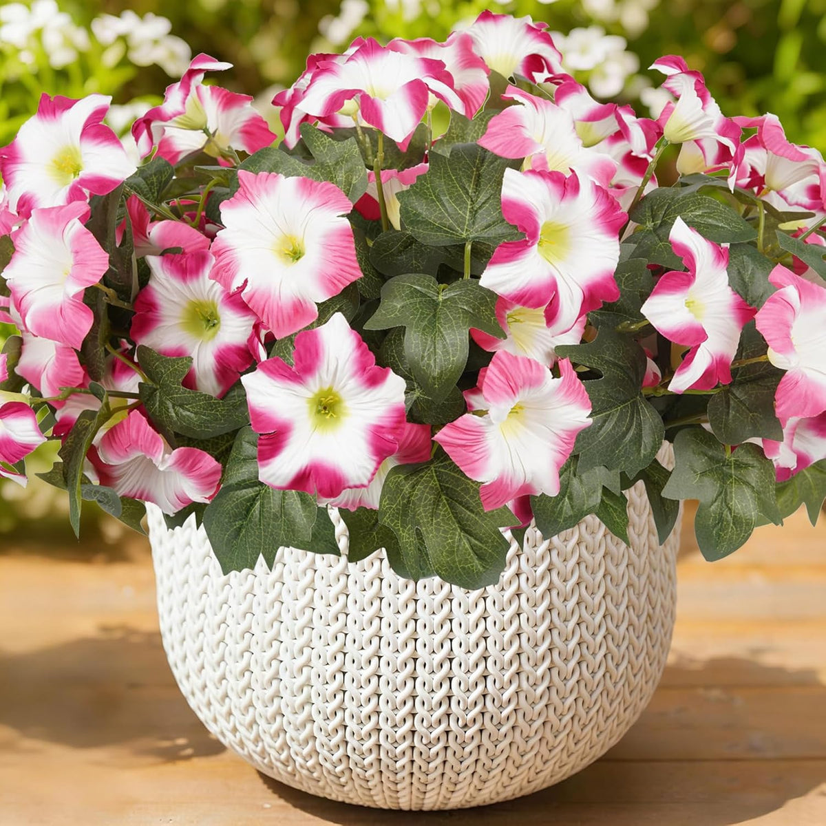 Artificial Flowers for Outdoors, Faux Petunias Spring Summer Decoration, Fake Flowers Plants UV Resistant Look Real Silk Flowers for Outside Planter Front Door Porch Patio Yard (6, Purple-White)