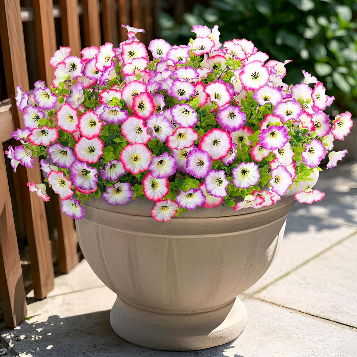 Artificial Flowers for Outdoors, 12 Bundles Fake Plastic Flower Plant, UV Resistant Faux Colorful Silk Morning Glory Petunias for Spring Summer Outside Garden Porch Front Door Decor, Purple