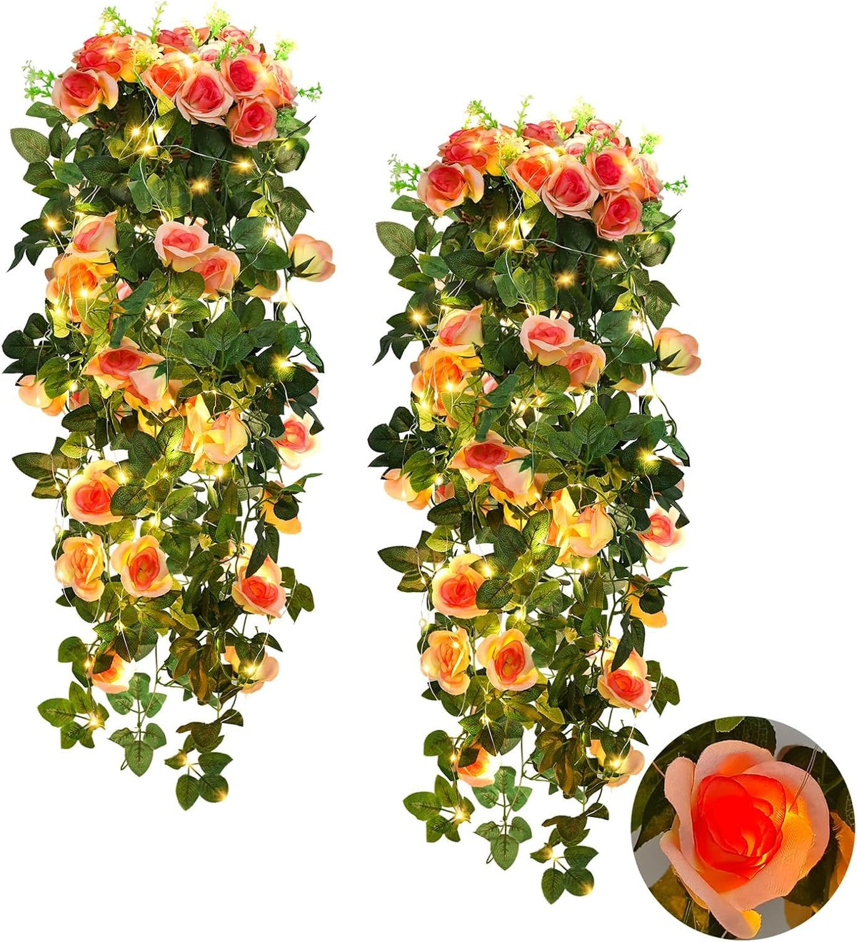 RECUTMS Artificial Hanging Rose Flower Plants Outdoor with 30 LED Fairy String Lights Fake Flowers for House Garden Patio Front Porch Indoor Decor (Purple)