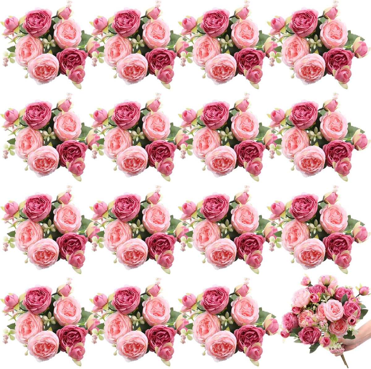 16 Bundles Artificial Peonies Silk Peonies Faux Flower Bouquet Fake Peony Flower Arrangements Table Centerpieces for Vase Wedding Party Boho Home Office Decoration Bulk (Pink, Purple)