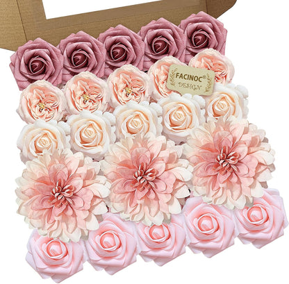 Roses Artificial Flowers Pink Bouquets Box Set for DIY Bridal Wedding Shower Decorations Fake Floral Arrangements for Party Table Centerpieces Home Decor Indoor Outdoor Dusty Blush 19 Pcs