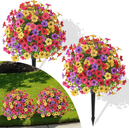 Alupssuc 2Pcs 20" Artificial Topiary Ball Flowers For Outdoors Planters, Spring Decoration with Spike, UV Resistant Faux Summer Plants, Fake Bushes Indoor Decor, Mix 4 Colors for Garden, Porch & Patio