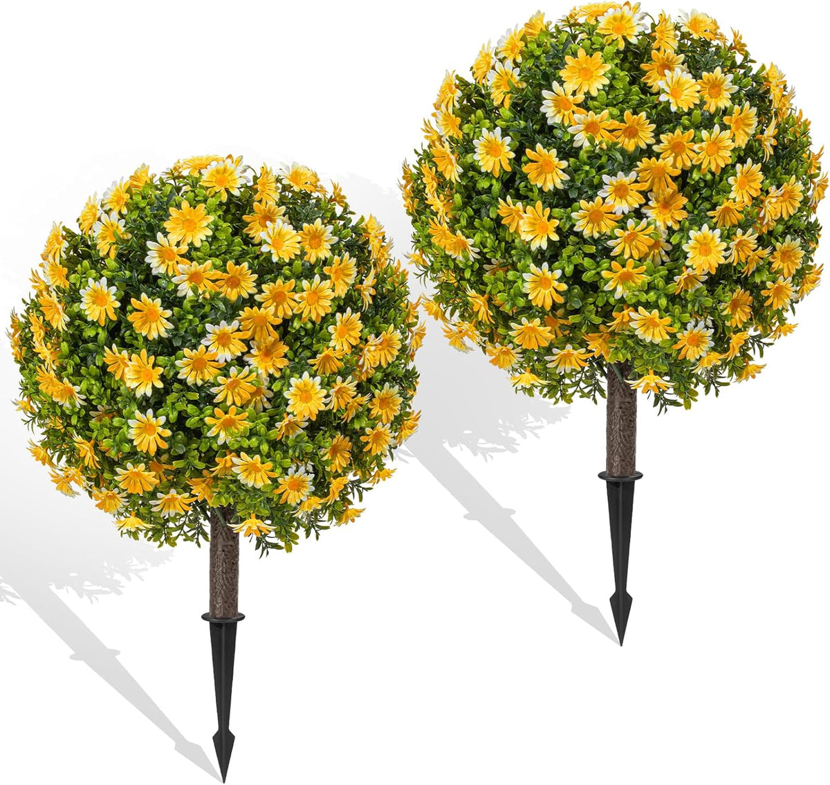 Artificial Boxwood Topiary Ball Bush for Outdoor with Spike, Set of 2 UV Resistant Faux Boxwood Ball Tree with Stake, Weatherproof Fake Round Topiary Shrub Plant for Front Porch Planter
