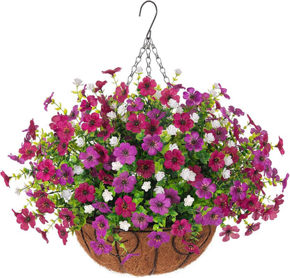 Artificial Faux Hanging Plants Flowers Basket for Spring Outdoor Decoration, Fake Silk Daisy UV Resistant Look Real with Eucalyptus Leaves Summer Outside Decor for Home Patio Garden