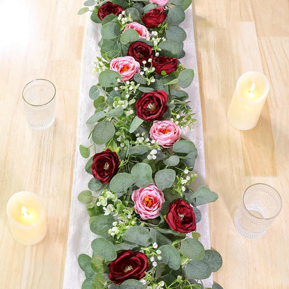 TOCHGREEN 2 Pack 13Ft Artificial Eucalyptus Flower Garland with Pink Roses, Fake Rose Flower Greenery Garland Floral Vines for Wedding Home Party Table Runner Decor (4PCS, Pink)