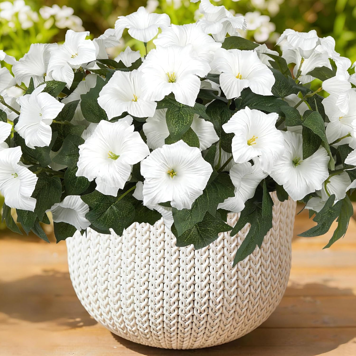 Artificial Flowers for Outdoors, Faux Petunias Spring Summer Decoration, Fake Flowers Plants UV Resistant Look Real Silk Flowers for Outside Planter Front Door Porch Patio Yard (6, Purple-White)