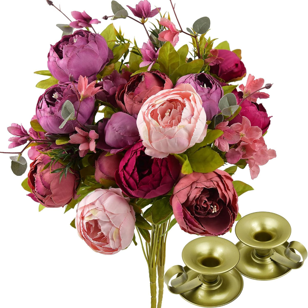 FiveSeasonStuff Artificial Peony Bouquets, 2 Cream Beige & Moss Green Silk Flower Bundles for Wedding Centerpieces & Home Decor – Vintage Peonies