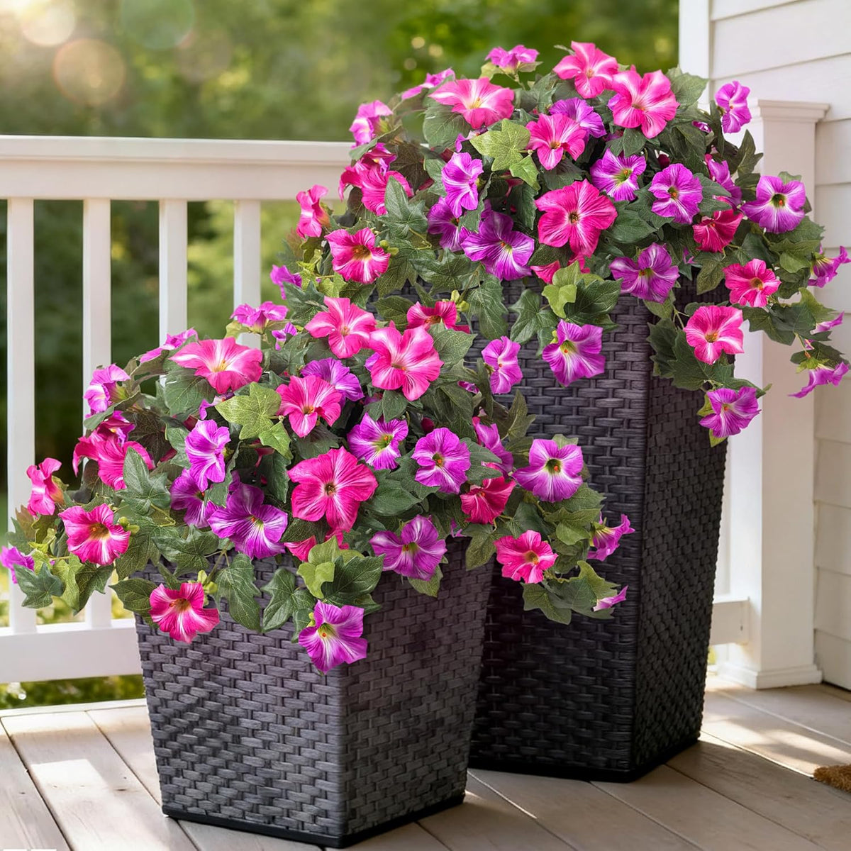 Artificial Fake Flowers Plants for Outdoor Decoration, 2PCS Faux Petunias Silk Flower UV Resistant No Fade for Home Outside Garden Balcony Yard Porch Realistic Indoor Decor (Purple White)