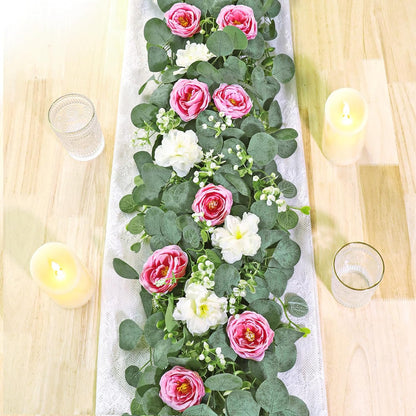 TOCHGREEN 2 Pack 13Ft Artificial Eucalyptus Flower Garland with Pink Roses, Fake Rose Flower Greenery Garland Floral Vines for Wedding Home Party Table Runner Decor (4PCS, Pink)