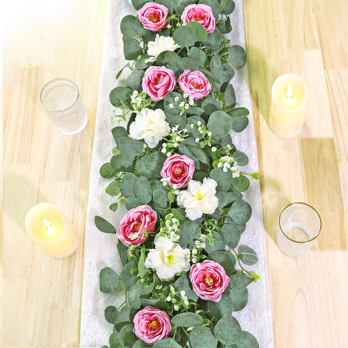 TOCHGREEN 2 Pack 13Ft Artificial Eucalyptus Flower Garland with Pink Roses, Fake Rose Flower Greenery Garland Floral Vines for Wedding Home Party Table Runner Decor (4PCS, Pink)
