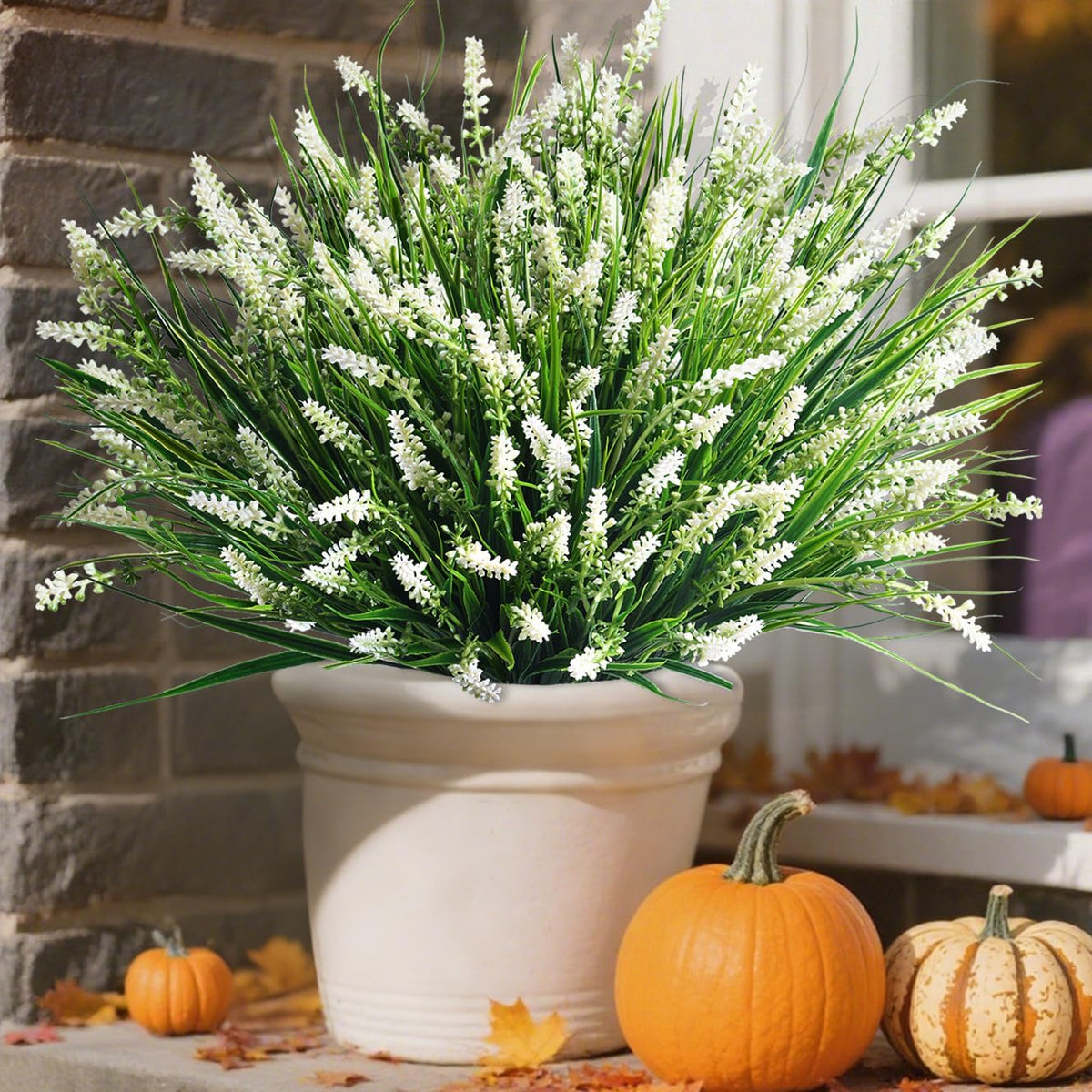 Artificial Fake Outdoor Plants Flowers for Spring Decoration, UV Resistant Realistic White Plastic Flowers Faux Plant Monkey Grass for Planter Home Garden Porch Patio Window Box